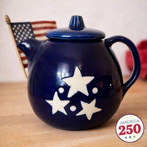 Hermitage Pottery Teapot Cobalt Blue America 250 Stars VTG USA Folk Art Decor